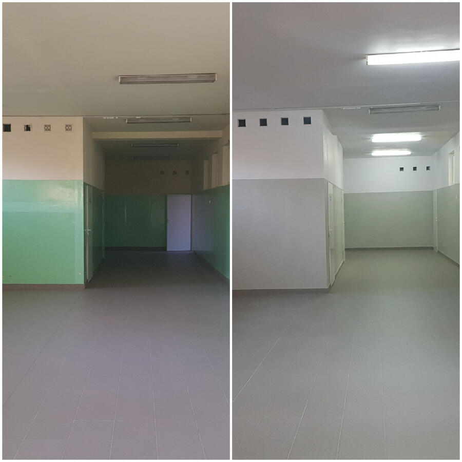 Odświeżenie ścian w szkole podstawowej. Malowanie ścian i sufitów plus lamperia.