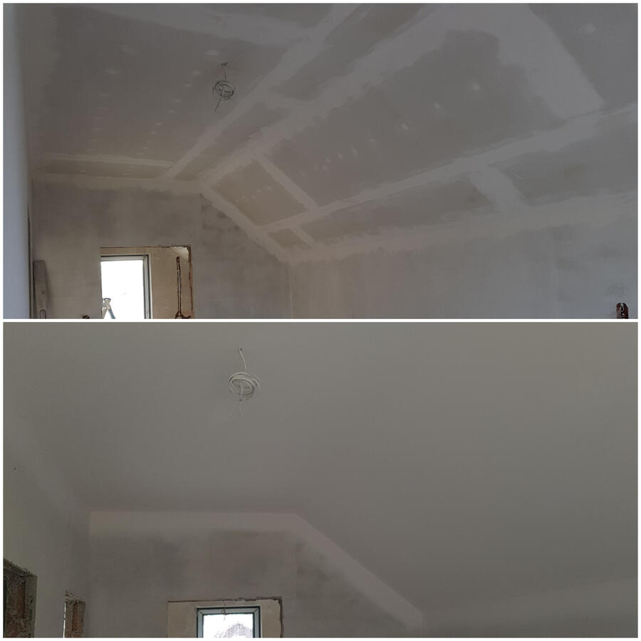 Spoinowanie połączeń sufitu gk i malowanie na biało.