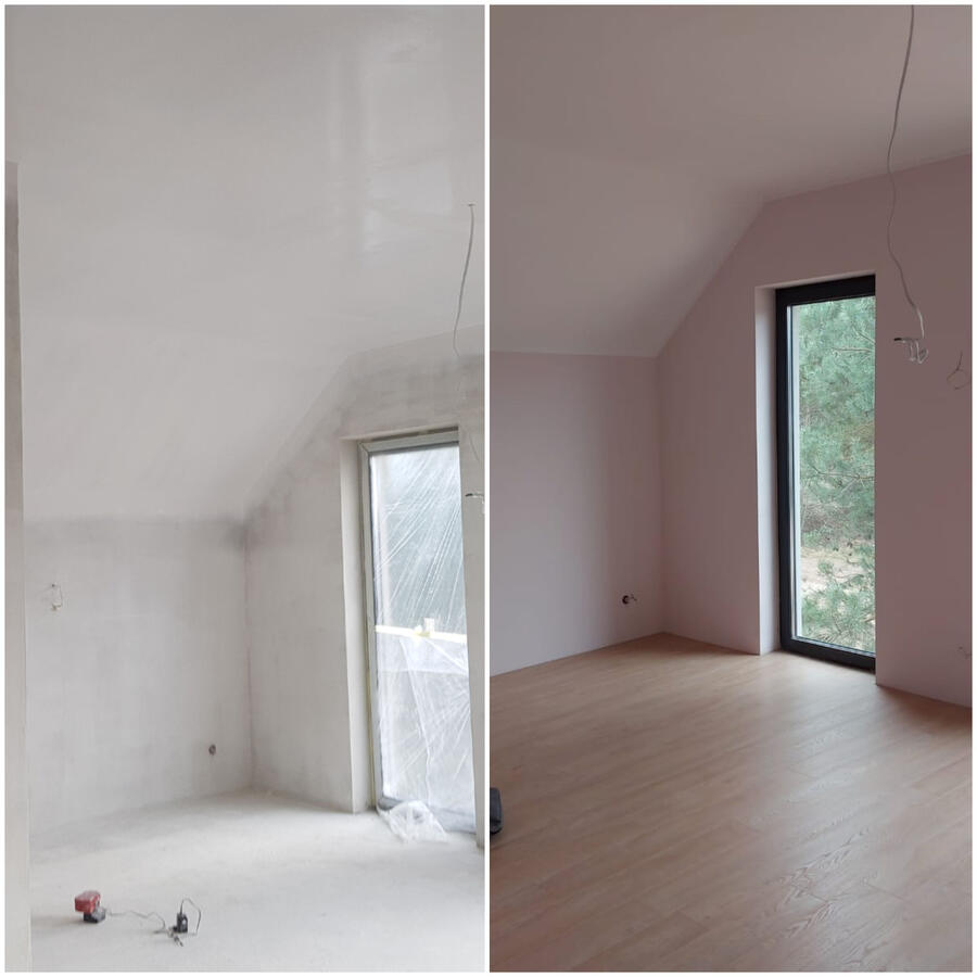 Malowanie ścian i sufitów wraz z ułożeniem paneli podłogowych.